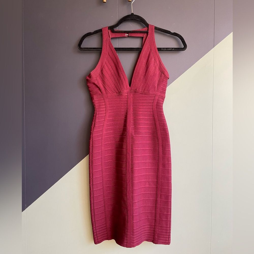Herve Leger Jada Knee Length Bandage Dress, Beet Red, Sz S, EUC